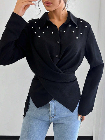 Clasi 1pc Women's Casual Front Button Long Sleeve Shirt With Pearl Buttons