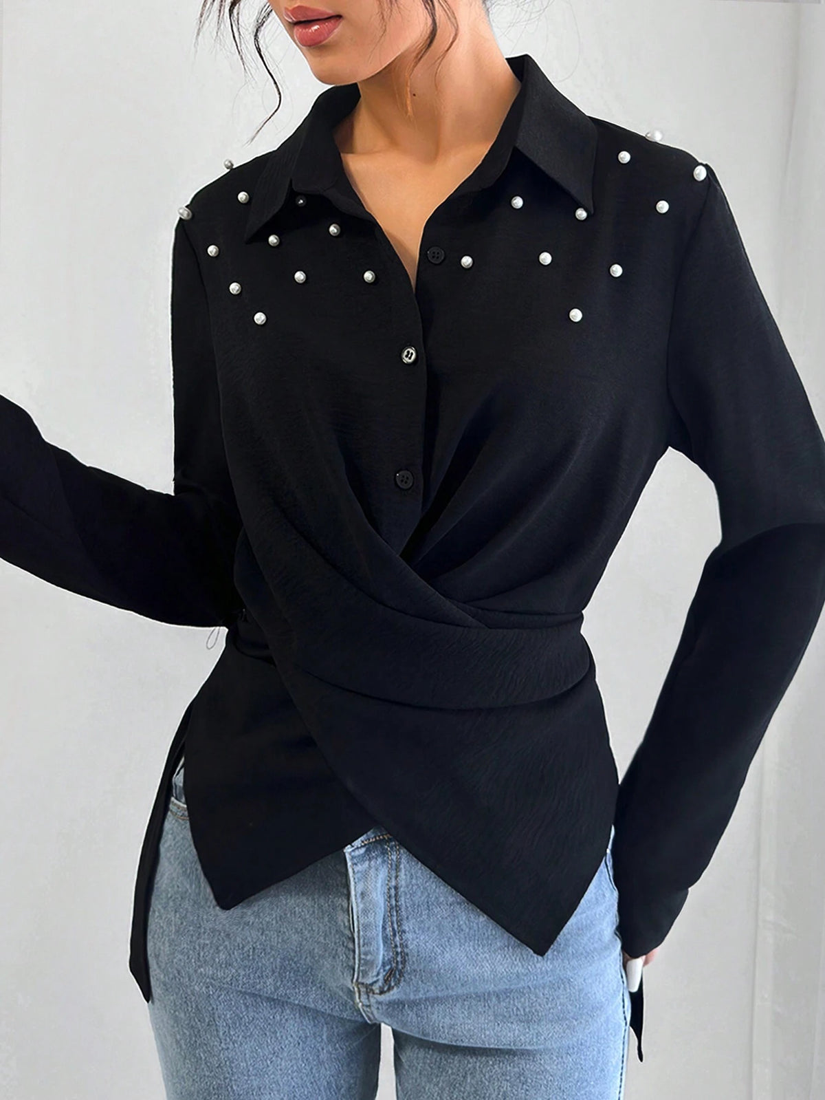 Clasi 1pc Women's Casual Front Button Long Sleeve Shirt With Pearl Buttons