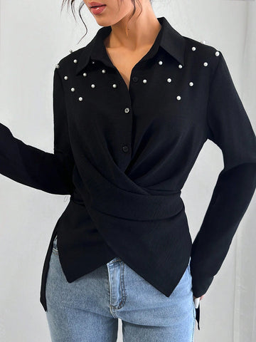 Clasi 1pc Women's Casual Front Button Long Sleeve Shirt With Pearl Buttons
