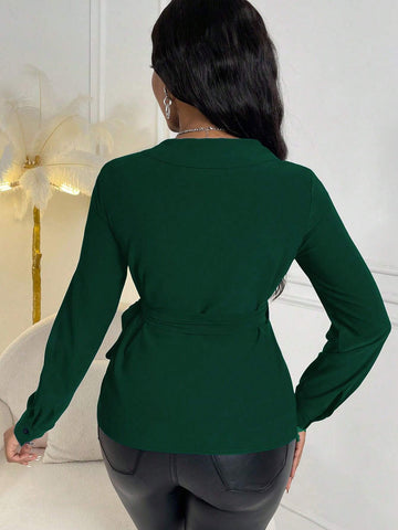 Clasi 1pc Women's Elegant Solid Color Tie-Wrap Blouse, Autumn