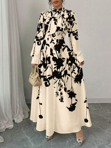 1pc Women's Fitted Waist Printed Spaghetti Strap Dress