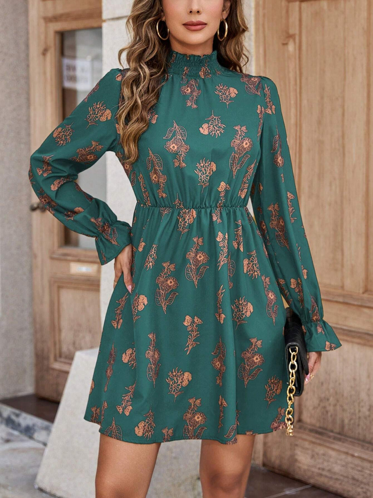 1pc Women's Floral Print Ruffle Collar Long Sleeve Casual Short Dress For Vacation