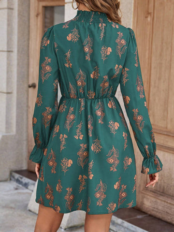 1pc Women's Floral Print Ruffle Collar Long Sleeve Casual Short Dress For Vacation