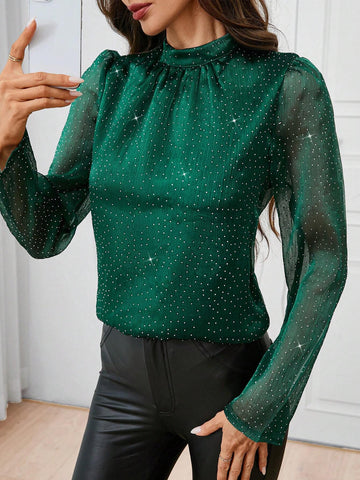 Clasi 1pc Women's Green Stand Collar Rhinestone Design Long Sleeve Elegant Blouse