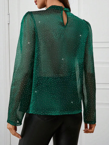 Clasi 1pc Women's Green Stand Collar Rhinestone Design Long Sleeve Elegant Blouse
