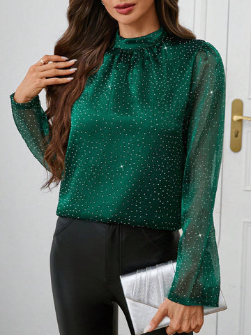 Clasi 1pc Women's Green Stand Collar Rhinestone Design Long Sleeve Elegant Blouse