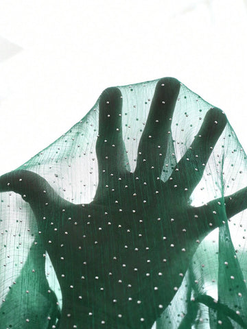 Clasi 1pc Women's Green Stand Collar Rhinestone Design Long Sleeve Elegant Blouse