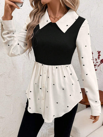 Clasi 1pc Women's Heart Print 2 In 1 Long Sleeve Shirt Blouse