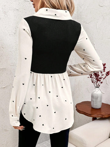 Clasi 1pc Women's Heart Print 2 In 1 Long Sleeve Shirt Blouse