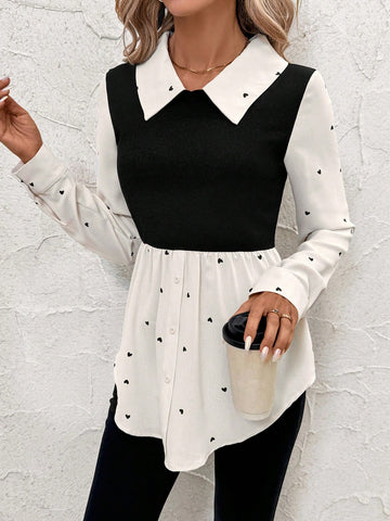 Clasi 1pc Women's Heart Print 2 In 1 Long Sleeve Shirt Blouse