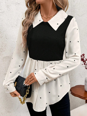Clasi 1pc Women's Heart Print 2 In 1 Long Sleeve Shirt Blouse