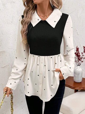 Clasi 1pc Women's Heart Print 2 In 1 Long Sleeve Shirt Blouse
