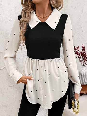 Clasi 1pc Women's Heart Print 2 In 1 Long Sleeve Shirt Blouse