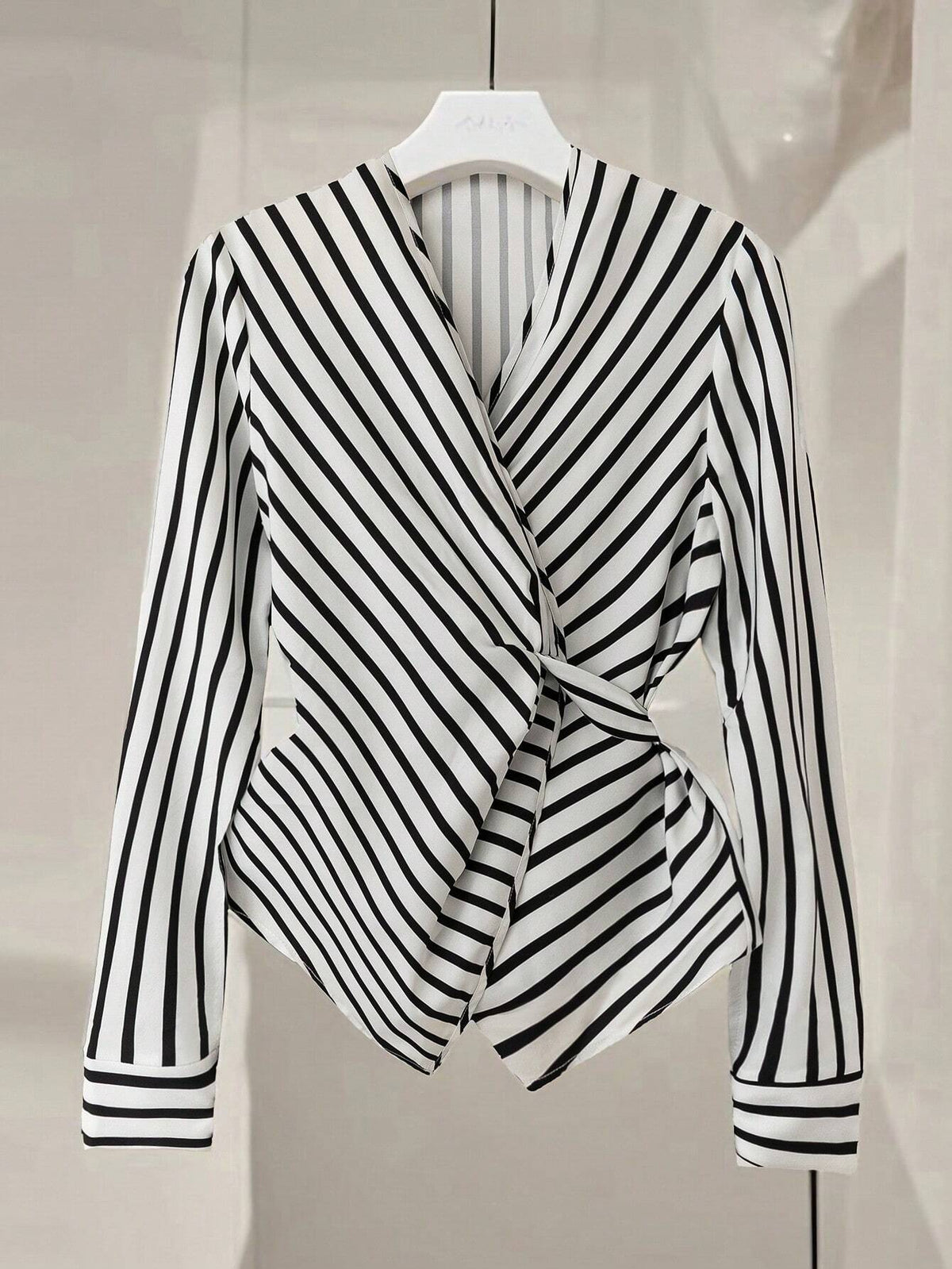 Clasi 1pc Women's Long Sleeve Crossed V-Neck Tie-Back Stripe Midi Dress, Elegant And Fashionable