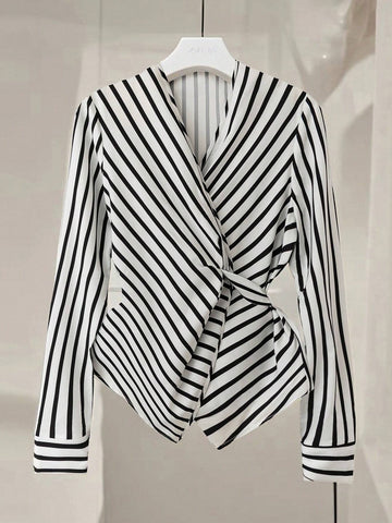 Clasi 1pc Women's Long Sleeve Crossed V-Neck Tie-Back Stripe Midi Dress, Elegant And Fashionable