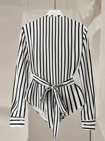 Clasi 1pc Women's Long Sleeve Crossed V-Neck Tie-Back Stripe Midi Dress, Elegant And Fashionable