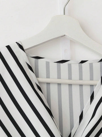 Clasi 1pc Women's Long Sleeve Crossed V-Neck Tie-Back Stripe Midi Dress, Elegant And Fashionable