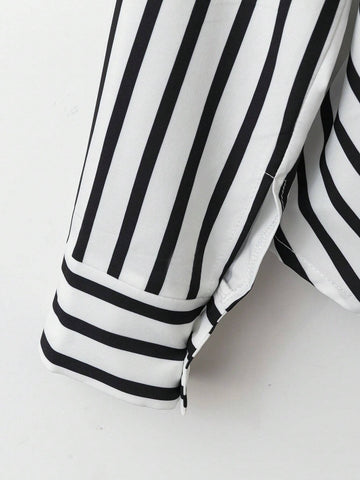 Clasi 1pc Women's Long Sleeve Crossed V-Neck Tie-Back Stripe Midi Dress, Elegant And Fashionable