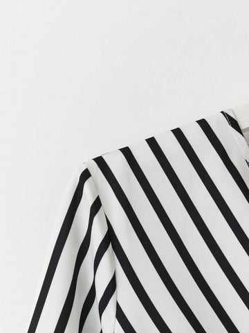 Clasi 1pc Women's Long Sleeve Crossed V-Neck Tie-Back Stripe Midi Dress, Elegant And Fashionable