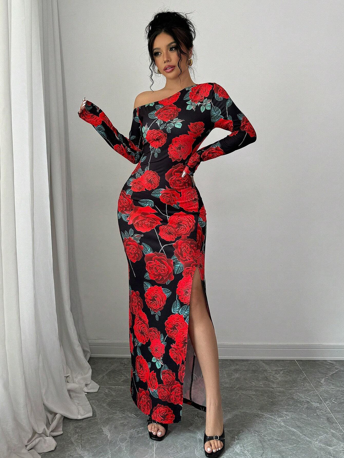 1pc Women's Oblique Collar High Slit Floral Print Wrap Waist Design Dress