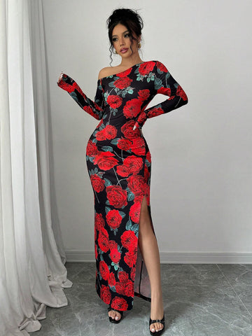 1pc Women's Oblique Collar High Slit Floral Print Wrap Waist Design Dress