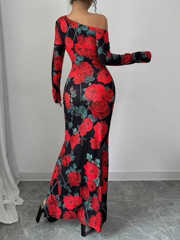 1pc Women's Oblique Collar High Slit Floral Print Wrap Waist Design Dress