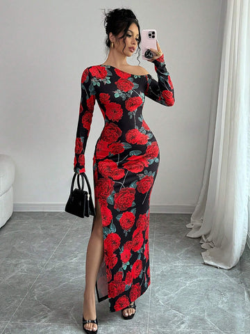 1pc Women's Oblique Collar High Slit Floral Print Wrap Waist Design Dress