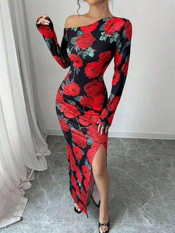 1pc Women's Oblique Collar High Slit Floral Print Wrap Waist Design Dress