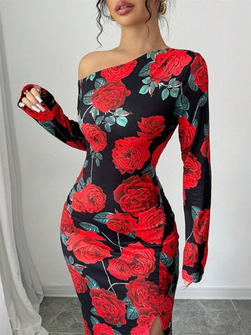 1pc Women's Oblique Collar High Slit Floral Print Wrap Waist Design Dress