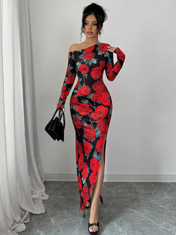 1pc Women's Oblique Collar High Slit Floral Print Wrap Waist Design Dress