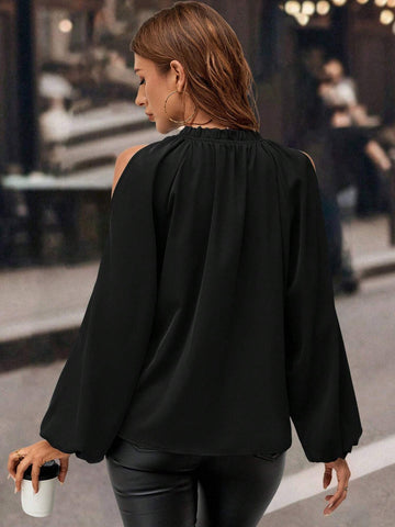Clasi 1pc Women's Open Shoulder Blouse, Romantic Elegant Ruched Long Sleeve