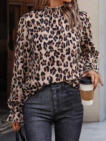 Clasi 1pc Women's Random Leopard Print Ruffle Trim Stand Collar Long Sleeve Fashion Blouse, Autumn
