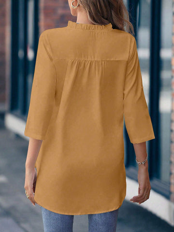 Clasi 1pc Women's Solid Color Minimalist Frill Neckline Roll Tab Sleeve Blouse