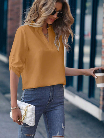 Clasi 1pc Women's Solid Color Minimalist Frill Neckline Roll Tab Sleeve Blouse