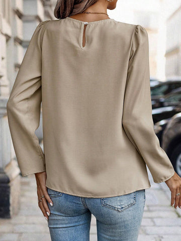 Clasi 1pc Women's Solid Color Round Neck Pleated Bubble Sleeve Elegant Blouse, Autumn