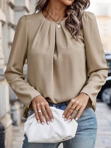 Clasi 1pc Women's Solid Color Round Neck Pleated Bubble Sleeve Elegant Blouse, Autumn