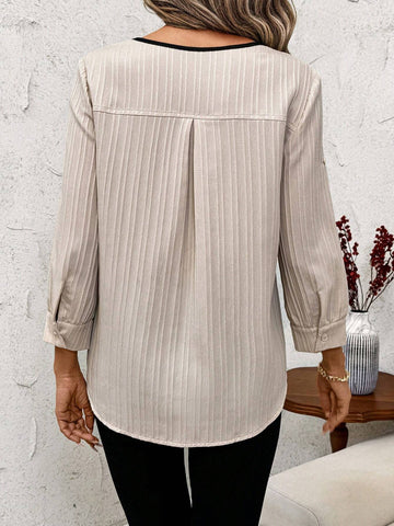 Clasi 1pc Women's Wave Striped Color Block Golden Button Elegant Work Office Shirt