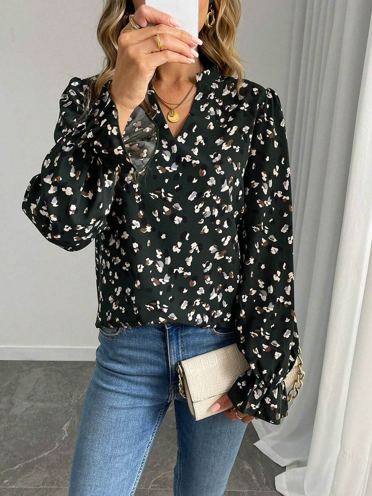 Casual Elegant Versatile Leopard Print Colorful Polka Dot Notch Collar Fitted Ruffle Sleeve Comfy Shirt