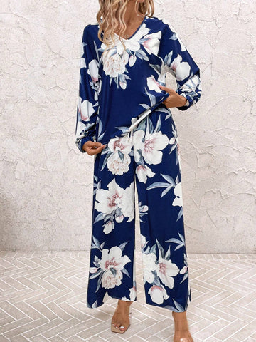 2pcs Women V-Neck Long Sleeve Casual Top And Allover Print Straight Loose Pants Set Fall Women Clothes Fall Women Outfits Women Fall Sets Fall Two Piece Sets
