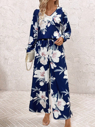 2pcs Women V-Neck Long Sleeve Casual Top And Allover Print Straight Loose Pants Set Fall Women Clothes Fall Women Outfits Women Fall Sets Fall Two Piece Sets