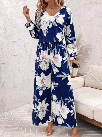 2pcs Women V-Neck Long Sleeve Casual Top And Allover Print Straight Loose Pants Set Fall Women Clothes Fall Women Outfits Women Fall Sets Fall Two Piece Sets