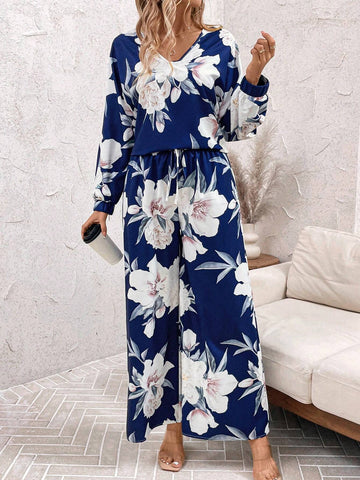 2pcs Women V-Neck Long Sleeve Casual Top And Allover Print Straight Loose Pants Set Fall Women Clothes Fall Women Outfits Women Fall Sets Fall Two Piece Sets