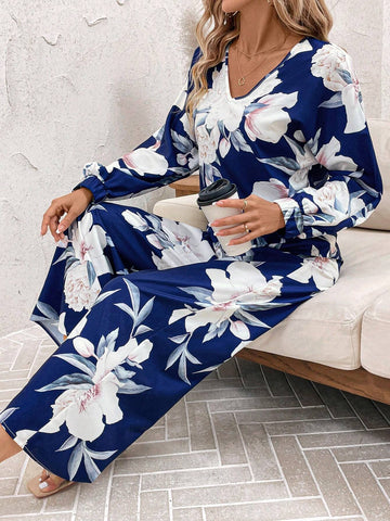 2pcs Women V-Neck Long Sleeve Casual Top And Allover Print Straight Loose Pants Set Fall Women Clothes Fall Women Outfits Women Fall Sets Fall Two Piece Sets
