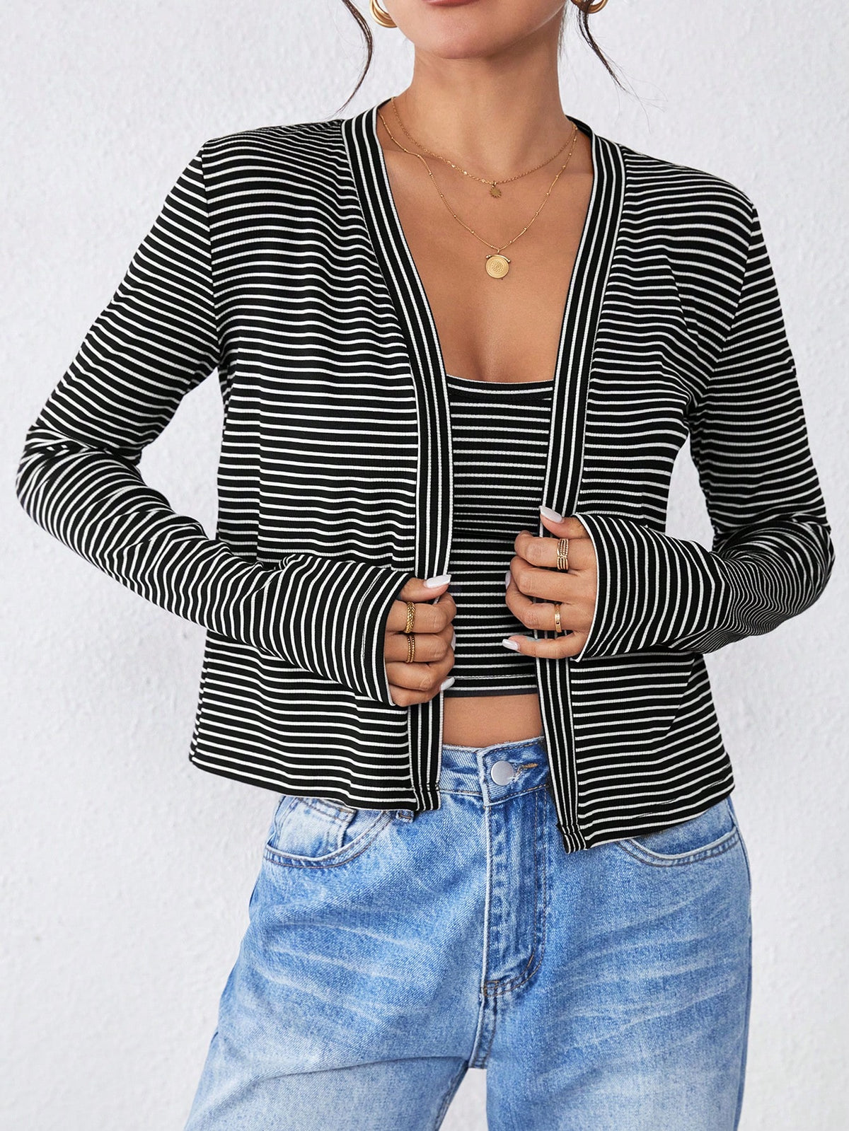 2pcs Women's Casual Striped Knit Camisole & Cardigan Sweater Set