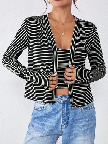 2pcs Women's Casual Striped Knit Camisole & Cardigan Sweater Set