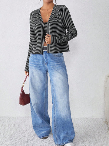 2pcs Women's Casual Striped Knit Camisole & Cardigan Sweater Set