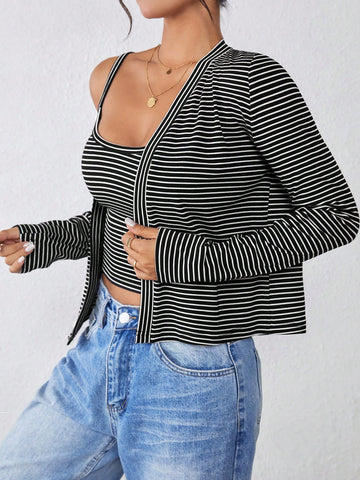 2pcs Women's Casual Striped Knit Camisole & Cardigan Sweater Set