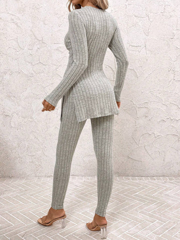 2pcs Women's Twist Front Split Hem Long Sleeve Long Pants Fleece Lounge Set Women Clothing Sets