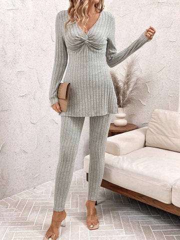 2pcs Women's Twist Front Split Hem Long Sleeve Long Pants Fleece Lounge Set Women Clothing Sets