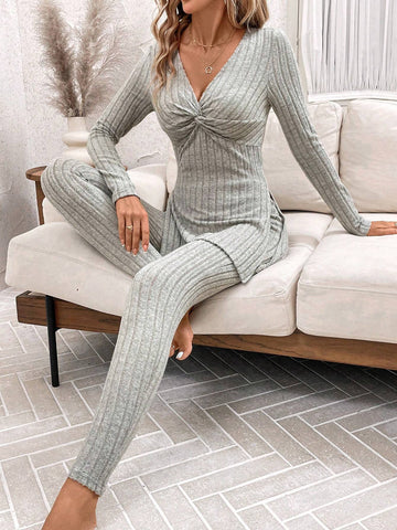 2pcs Women's Twist Front Split Hem Long Sleeve Long Pants Fleece Lounge Set Women Clothing Sets